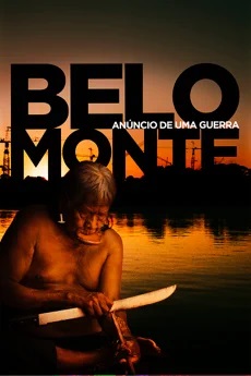 Indígena afiando uma faca. Ao fundo está escrito Belo Monte, o anúncio de uma guerra