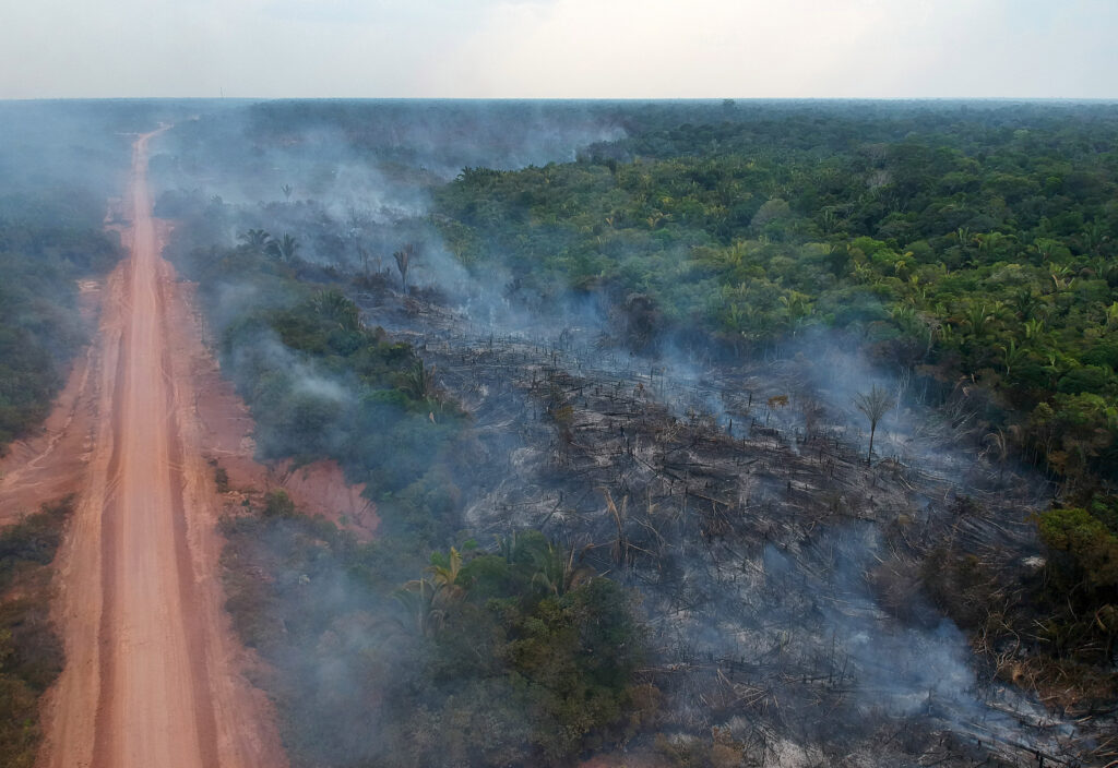 estrada cortada por uma estrada de terra. Amazônia (ainda) queima