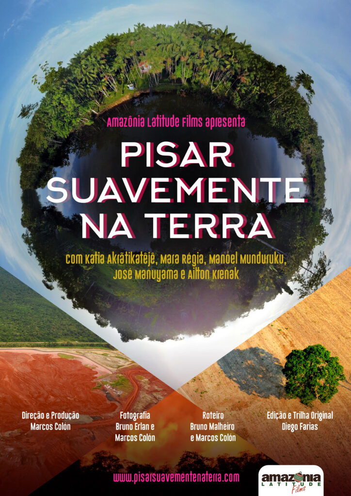 Capa do documentário Pisar Suavemente na Terra. Um globo verde encapsula o título do livro. Ao redor e ao fundo, terras sem árvores